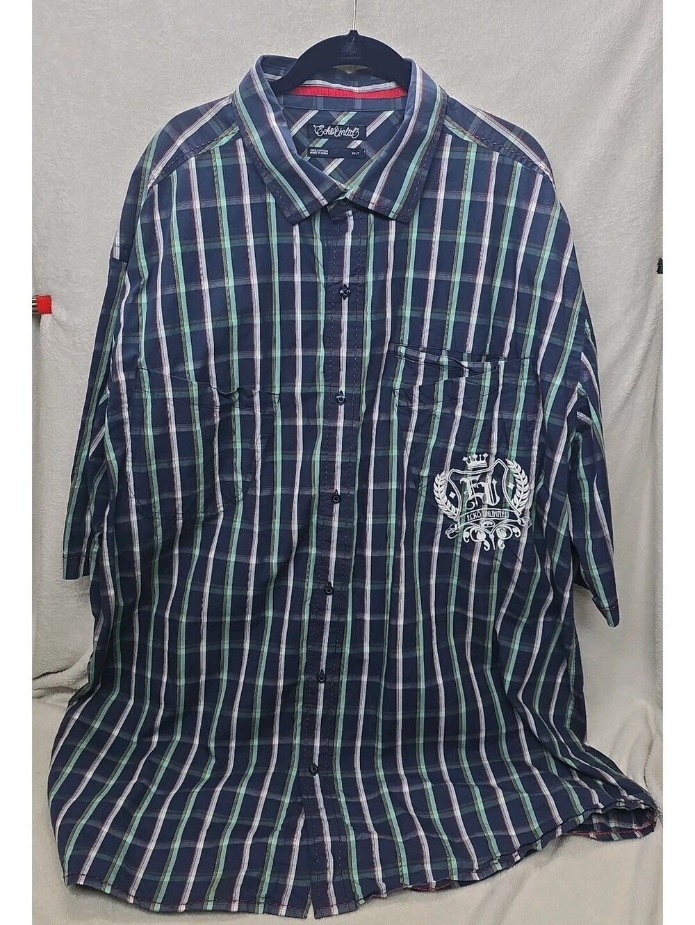 ECKO UNLTD. Men's Button Up Shirt 4XLT Tall Blue plaid Logo Short Sleeve Logo